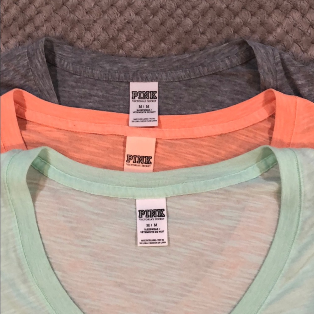 PINK v neck T-shirts mint green, orange, and grey